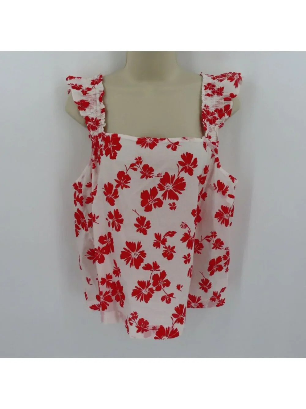 J Crew Women Large Red White Hibiscus Tropical Flower Ruffle Sleeve Tank Top NEW